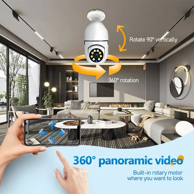 Câmera de Vigilância com Lâmpada 5G E27 - Visão noturna colorida, Rastreamento humano automático e Zoom