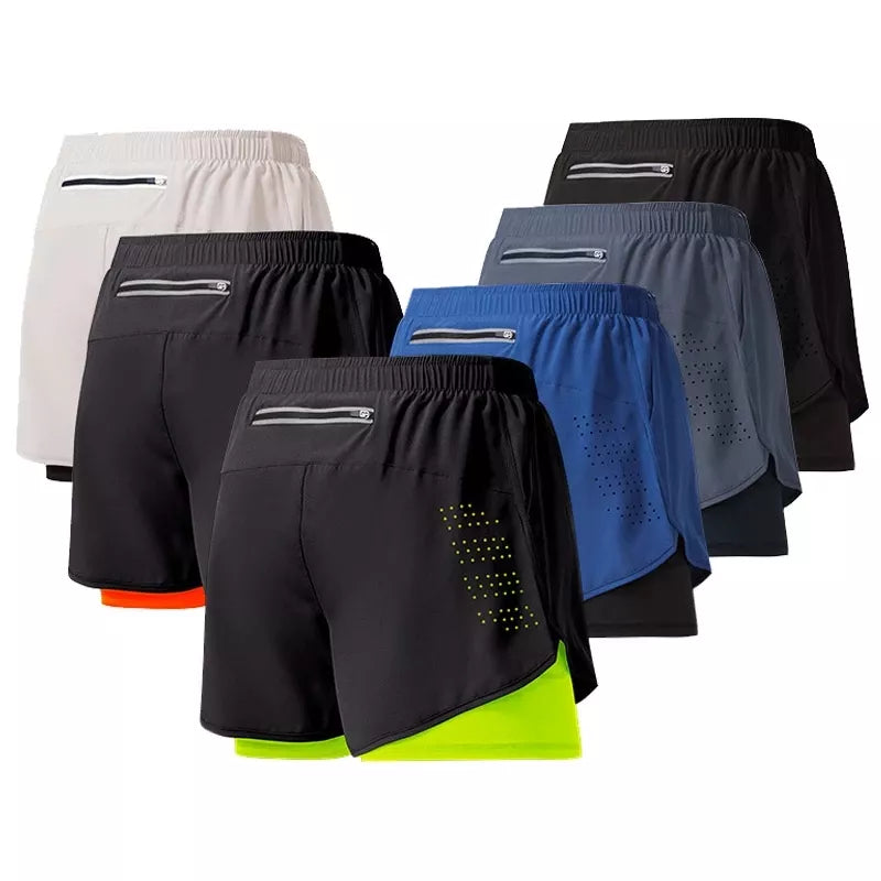 Shorts de Corrida Unissex, secagem rápida, fitness, camada dupla, esporte, treino, musculação.