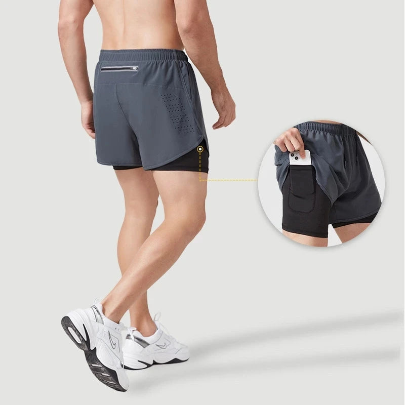 Shorts de Corrida Unissex, secagem rápida, fitness, camada dupla, esporte, treino, musculação.