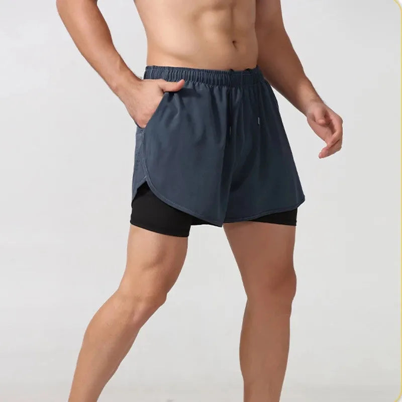 Shorts de Corrida Unissex, secagem rápida, fitness, camada dupla, esporte, treino, musculação.